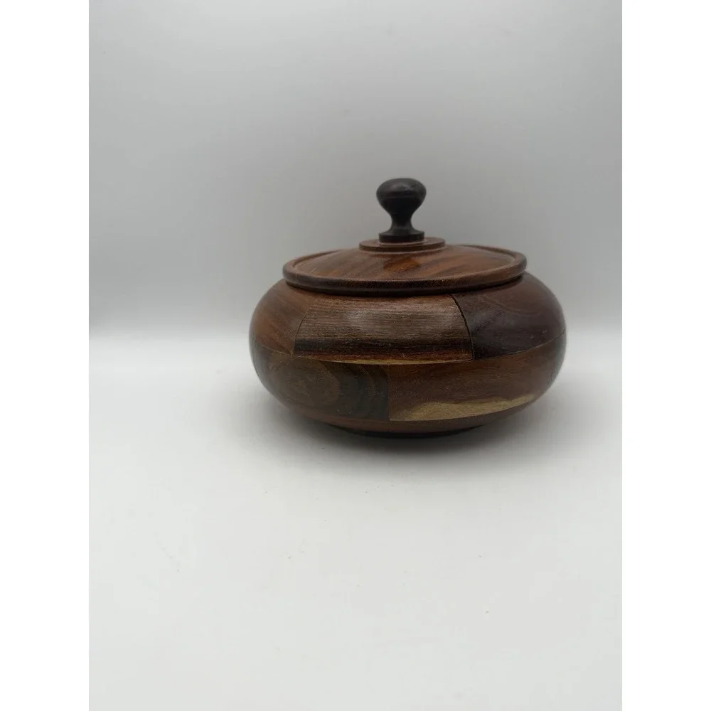 Vintage Hand Turned Patchwork Wooden Lidded Bowl Trinket Box Rustic Decor 5.25